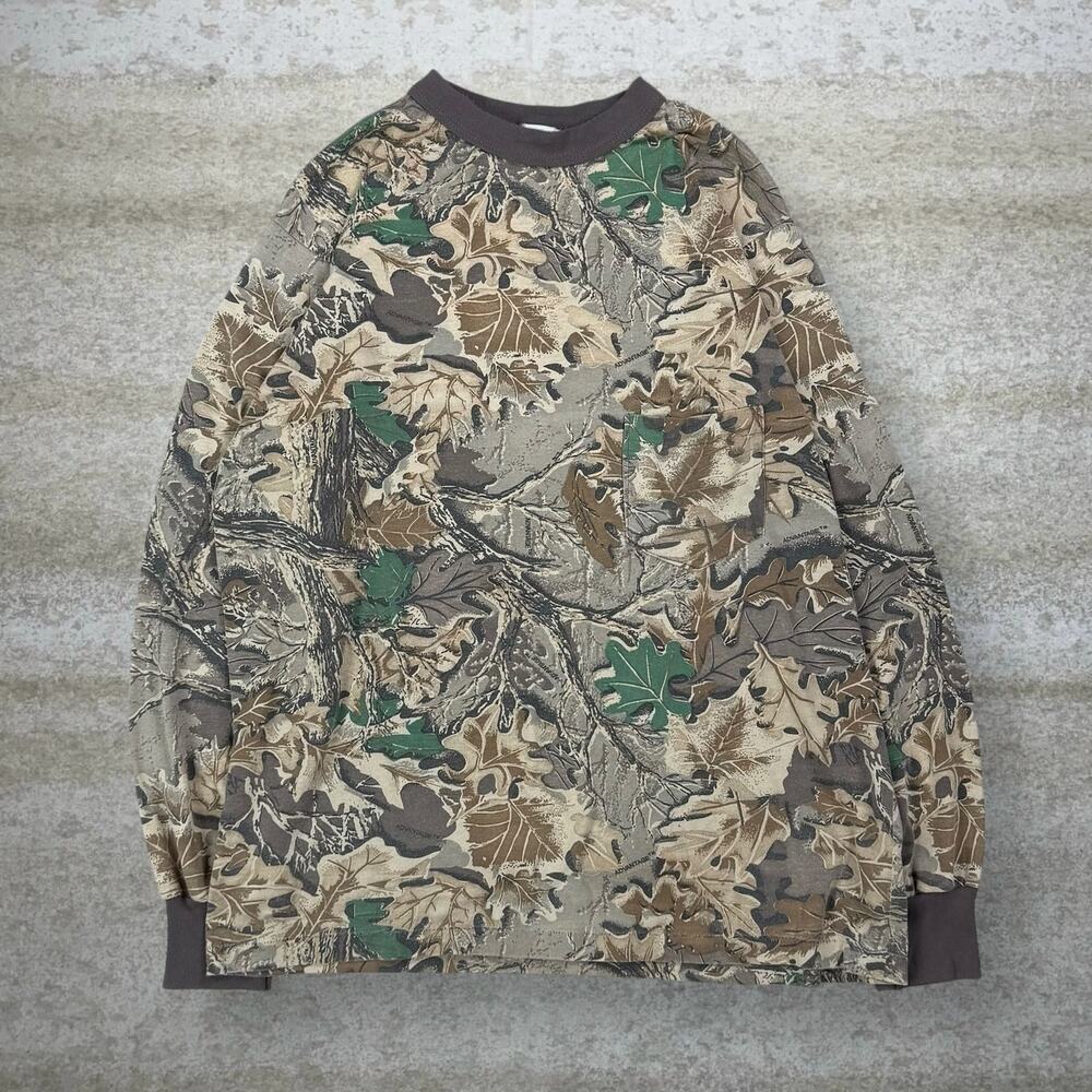 Vintage Advantage Hunting Camo Shirt Cotton Long Sleeve Woodland Made in USA 90s